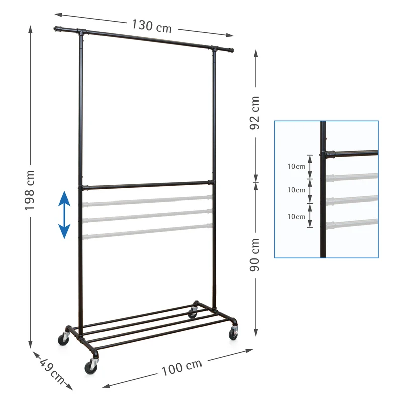 Tatkraft Drago – Stabiler Schwerlast-Kleiderständer auf Rollen, 2 Kleiderstangen, Ablage, bis 110 kg, 130 × 49 × 198 cm, pulverbeschichteter Stahl, Schwarz