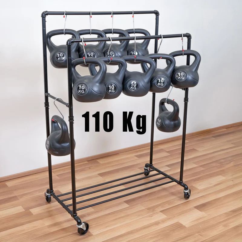 Tatkraft Pantera - Schwerlast Kleiderständer mit Rollen, bis 110 kg, mit 2 Kleiderstangen und Ablage, Garderobenständer Stabil, aus Metall, Schwarz