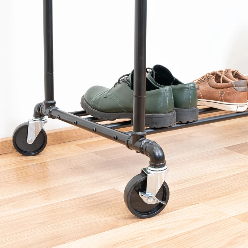 Tatkraft Pantera - Schwerlast Kleiderständer mit Rollen, bis 110 kg, mit 2 Kleiderstangen und Ablage, Garderobenständer Stabil, aus Metall, Schwarz
