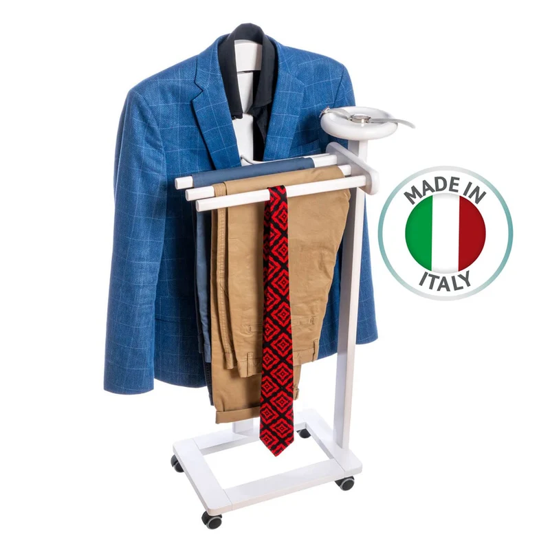 Tatkraft Graf – Herrendiener, Made in Italy, Stummer Diener, auf Rollen, mit einem Kleiderbügel, 3 Hosenstangen und Ablage, aus Buchenholz, weiß