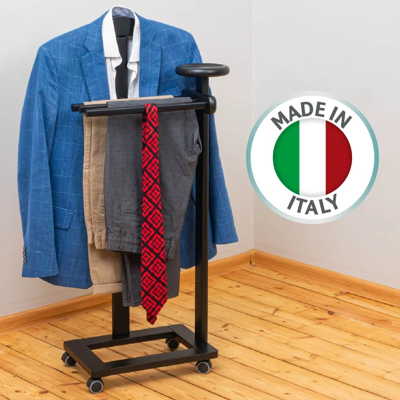 Tatkraft Baron – Herrendiener, Made in Italy, mit einem Kleiderbügel, drei Hosenhaltern, Ablage und Rollen, aus Buchenholz, Schwarz