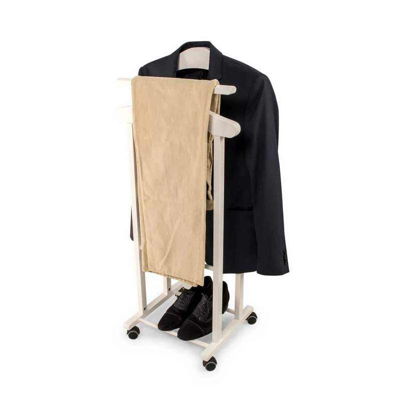 ARIT TRENDY – Herrendiener aus massiver Buche mit 2 Kleiderbügeln und Hosenhalter, Weiß, Made in Italy
