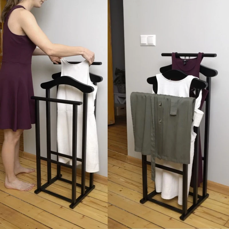 ARIT Maxi – Herrendiener für Damen und Herren aus massiver Buche mit 2 Kleiderbügeln und 2 Hosenhaltern, Schwarz, Made in Italy