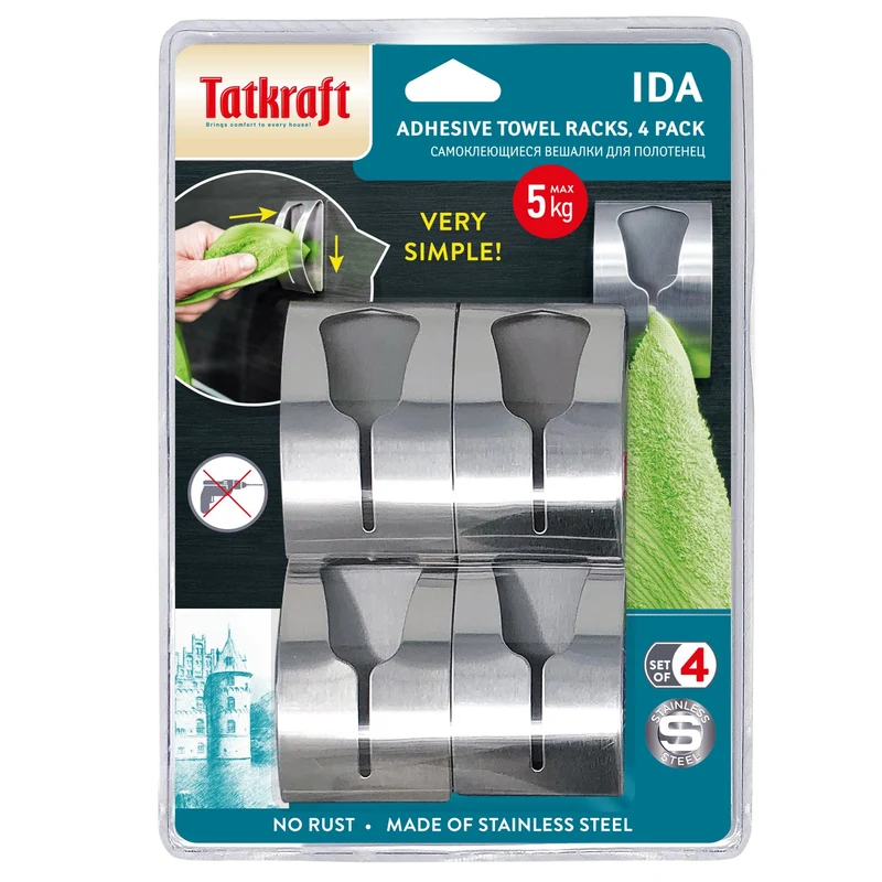 Tatkraft Ida – Selbstklebende Handtuchklemmen, 4 Stück, Edelstahl, ohne Bohren