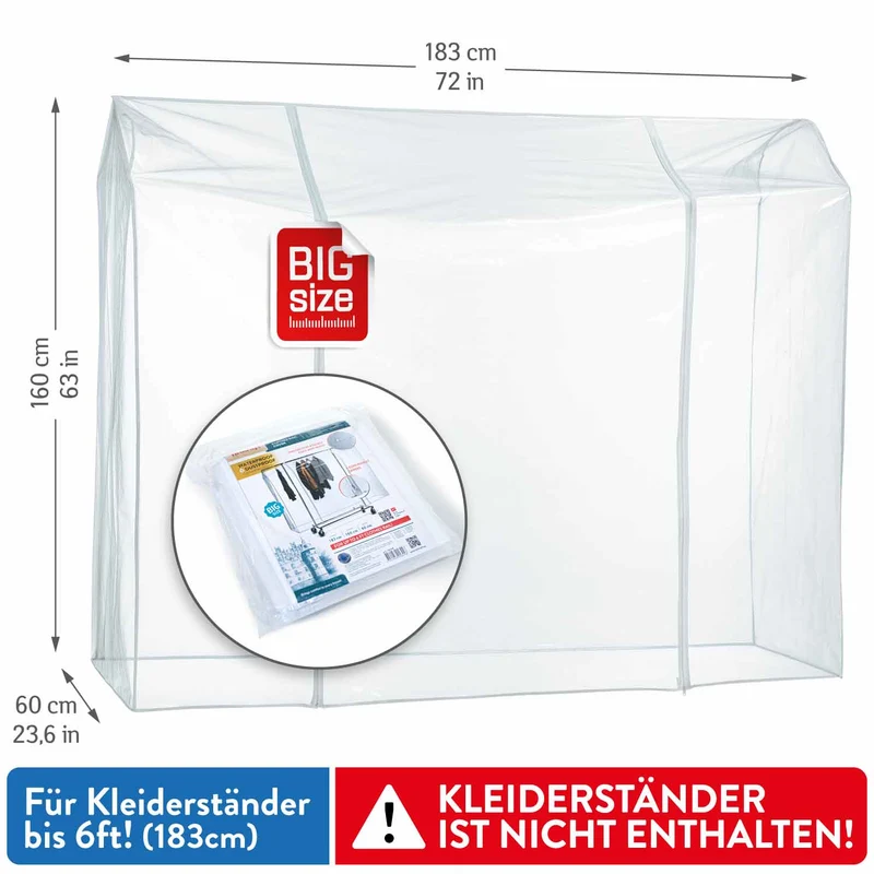 Tatkraft Big – Schutzhülle für Kleiderständer, XXL, 183×60×160 cm, Abdeckung für Kleiderstange, transparent, wasserdicht, UV-Schutz, 2 Reißverschlüsse