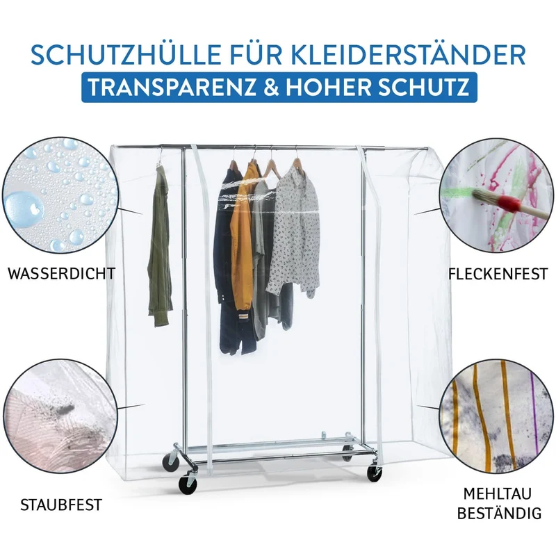 Tatkraft Big – Schutzhülle für Kleiderständer, XXL, 183×60×160 cm, Abdeckung für Kleiderstange, transparent, wasserdicht, UV-Schutz, 2 Reißverschlüsse