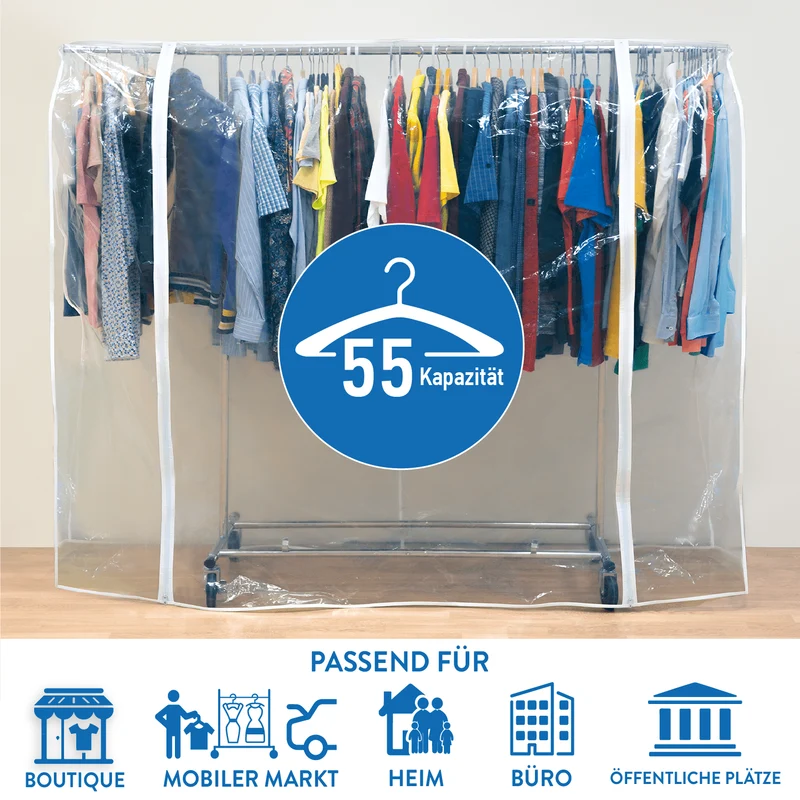 Tatkraft Big – Schutzhülle für Kleiderständer, XXL, 183×60×160 cm, Abdeckung für Kleiderstange, transparent, wasserdicht, UV-Schutz, 2 Reißverschlüsse