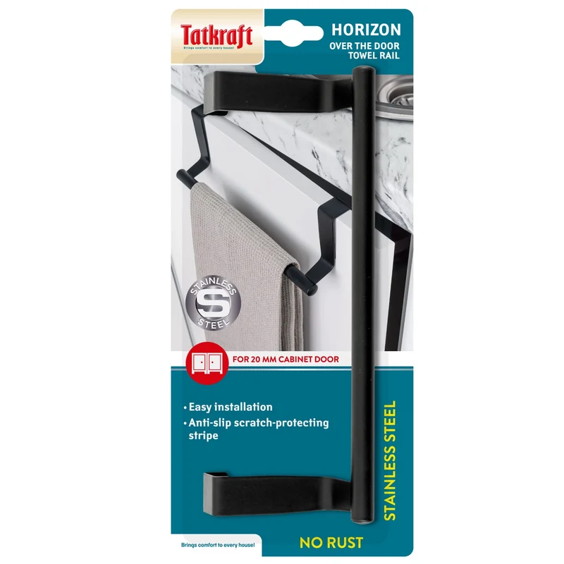 Tatkraft Horizon Black - Tür-Handtuchstange, Handtuchhalter ohne Bohren, Geschirrtuchhalter, 23x6x7.2 cm, für Bad & Küche, aus Edelstahl, Schwarz