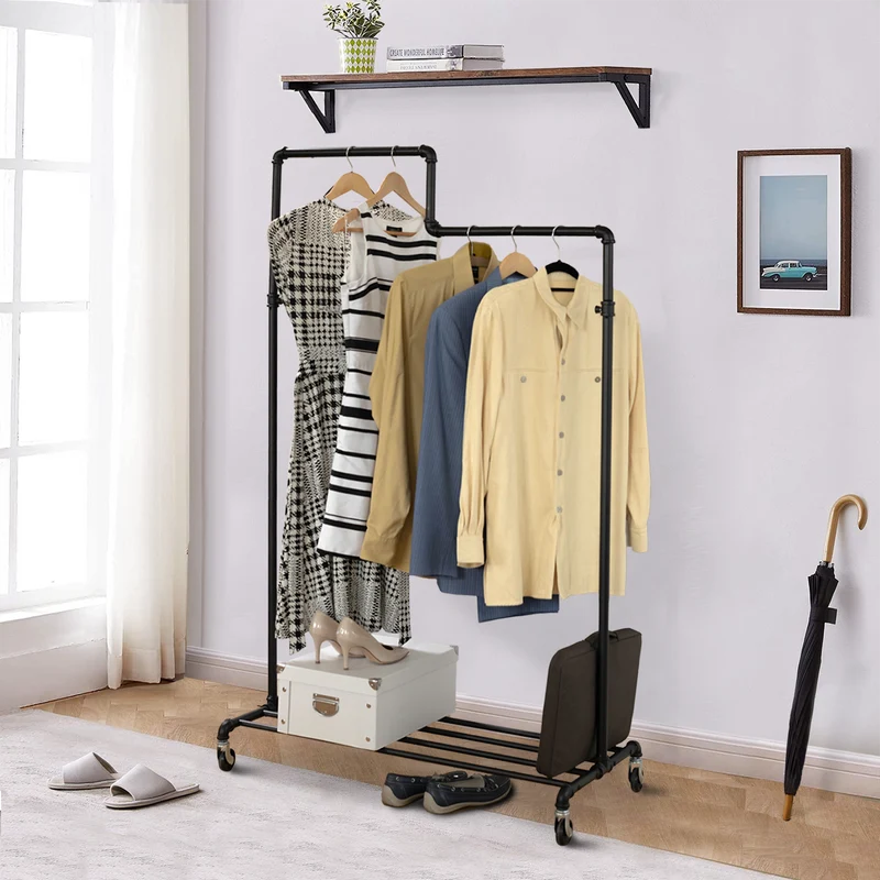 Tatkraft Tube - Kleiderständer Stabil, Garderobenständer mit Ablage, Rollgarderobe, bis 100 kg, im Industriedesign, Schwarz