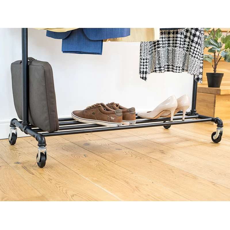 Tatkraft Tube - Kleiderständer Stabil, Garderobenständer mit Ablage, Rollgarderobe, bis 100 kg, im Industriedesign, Schwarz