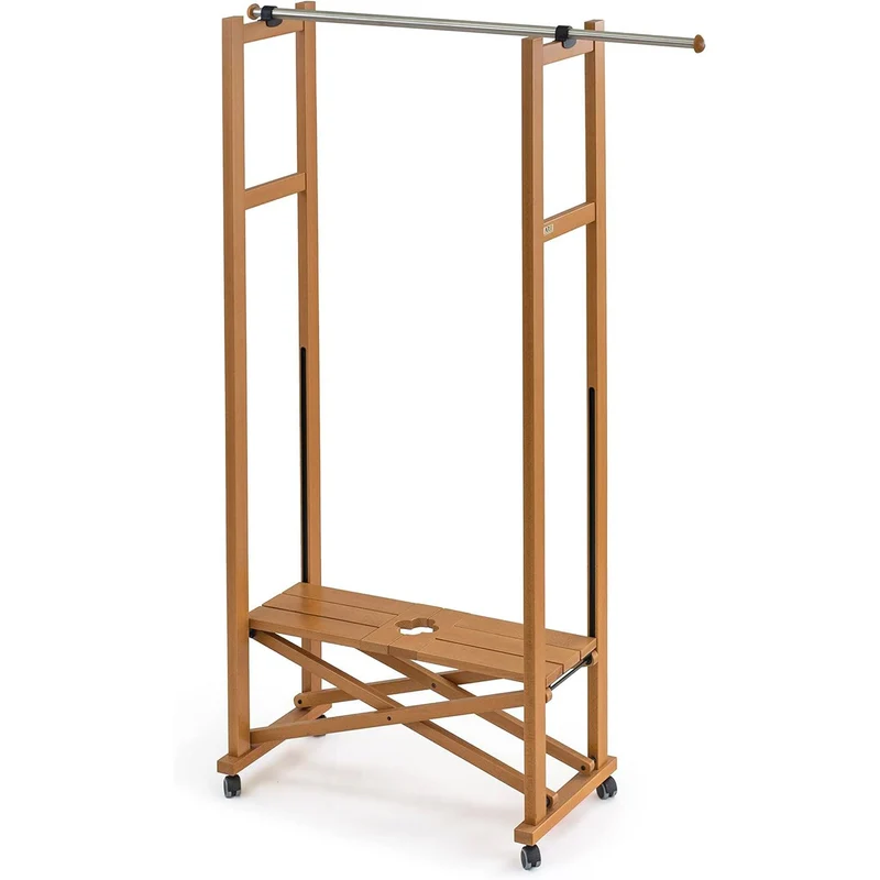 ARIT Elios – Kleiderständer aus Buchenholz auf Rollen, klappbar, ausziehbare Kleiderstange 78–140 cm, Kirschbaumfarbe, Made in Italy