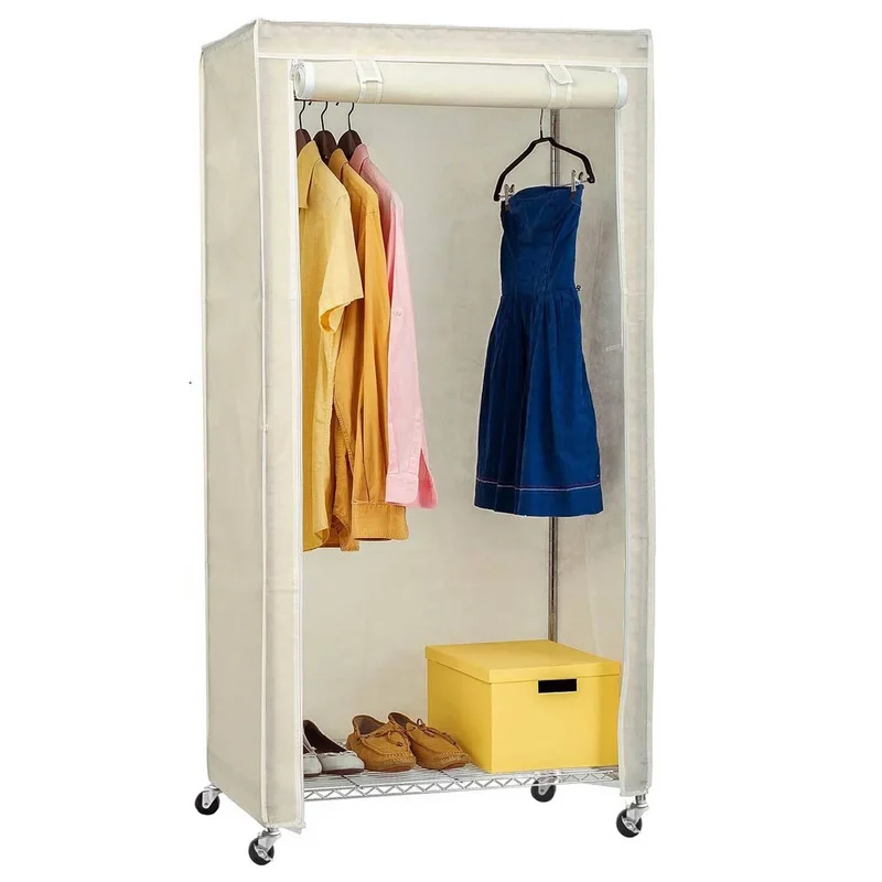 art moon Buffalo - Stoffschrank, Faltschrank, Schwerlast Kleiderständer, auf Rollen, bis 70 kg belastbar, mit 2 Ablagen, mit Schutzhülle, Creme