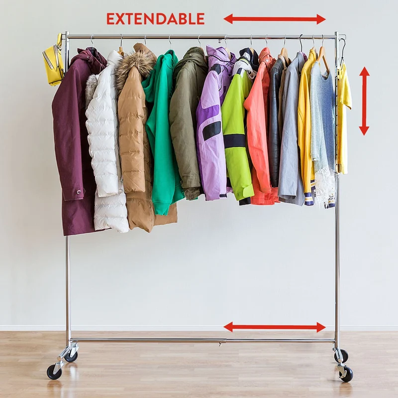 Tatkraft Urban – Kleiderständer stabil auf Rollen, in Länge und Höhe ausziehbar, 93–140×41×114–175 cm, bis 60 kg, aus rostfreiem, verchromter Stahl