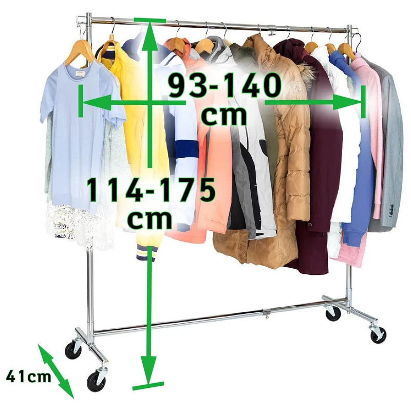Tatkraft Urban – Kleiderständer stabil auf Rollen, in Länge und Höhe ausziehbar, 93–140×41×114–175 cm, bis 60 kg, aus rostfreiem, verchromter Stahl