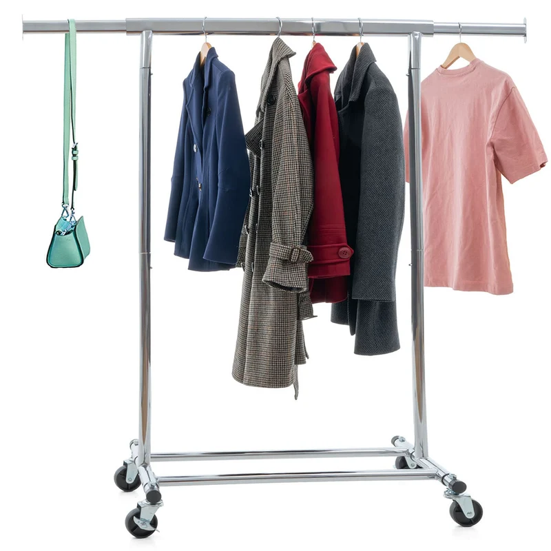 Tatkraft Danko – Kleiderständer auf Rollen, bis 100 kg, Schwerlast-Kleiderständer, Klappbar, Kleiderstange 91–132×45,5×160 cm, verchromter Stahl