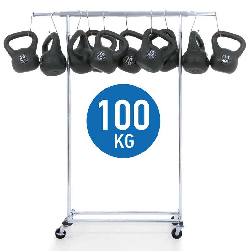 Tatkraft Danko – Kleiderständer auf Rollen, bis 100 kg, Schwerlast-Kleiderständer, Klappbar, Kleiderstange 91–132×45,5×160 cm, verchromter Stahl