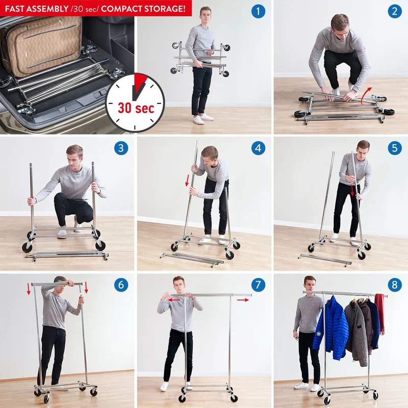 Tatkraft Danko – Kleiderständer auf Rollen, bis 100 kg, Schwerlast-Kleiderständer, Klappbar, Kleiderstange 91–132×45,5×160 cm, verchromter Stahl