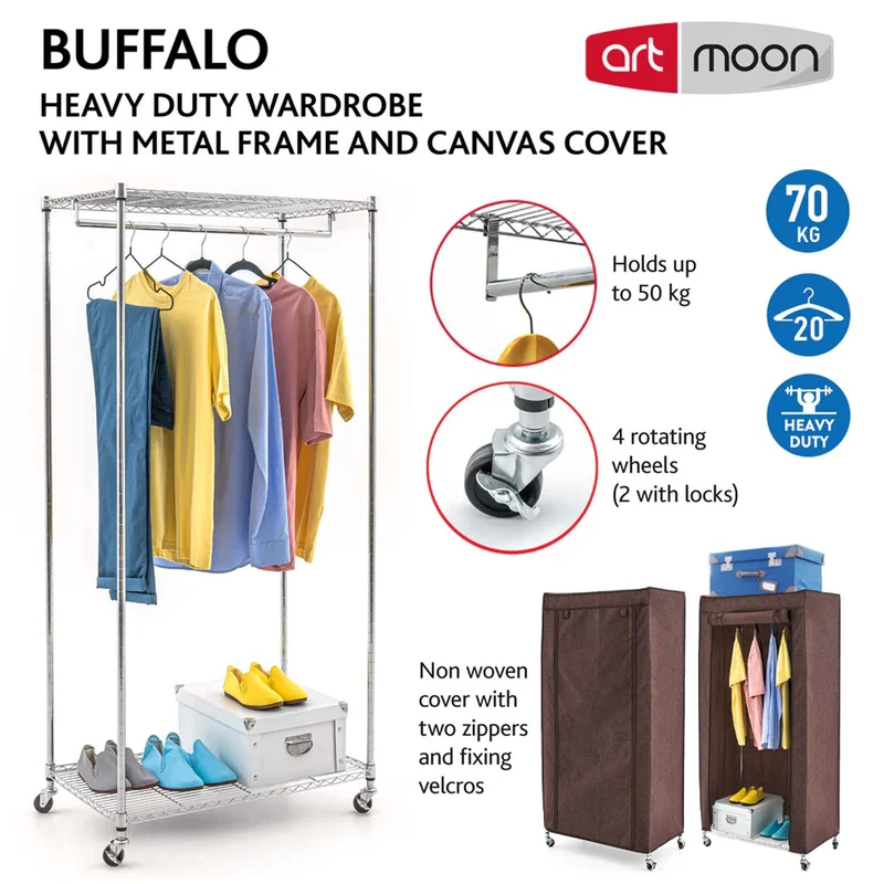 art moon Buffalo - Schwerlast Faltschrank auf Rollen, bis 70 kg, Kellershrank, Stoffschrank Stabil, Kleiderständer mit Ablagen + Hülle, Stahl, Braun