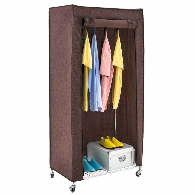 art moon Buffalo - Schwerlast Faltschrank auf Rollen, bis 70 kg, Kellershrank, Stoffschrank Stabil, Kleiderständer mit Ablagen + Hülle, Stahl, Braun