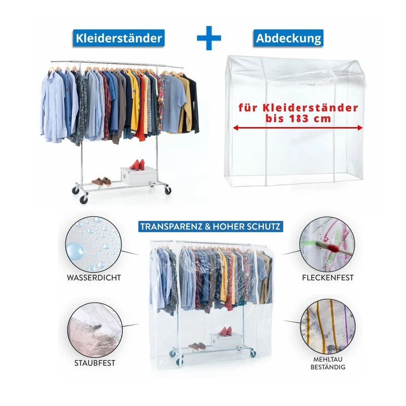 Tatkraft Duncan & Big - Schwerlast Kleiderständer mit Abdeckung, auf Rollen, mit Ablage, bis 100 Kg, Profi, Faltbar, Verstellbar, Verchromt Stahl