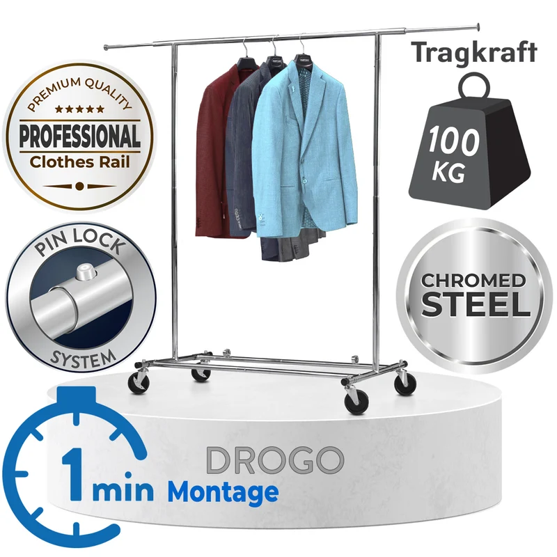 Tatkraft Drogo & Big Schwerlast Kleiderständer mit Schutzhülle, Faltschrank Stabil auf Rollen, bis 100Kg, Profi, Faltbar, Verstellbar, Verchromt Stahl