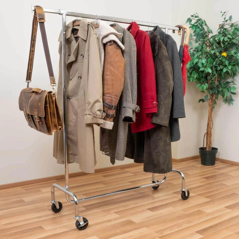 Tatkraft Didrik Schwerlast-Kleiderständer, bis 130 kg, Kleiderständer Stabil auf Rollen, 110–150×45×160cm, verchromter Stahl, Garderobenständer Profi
