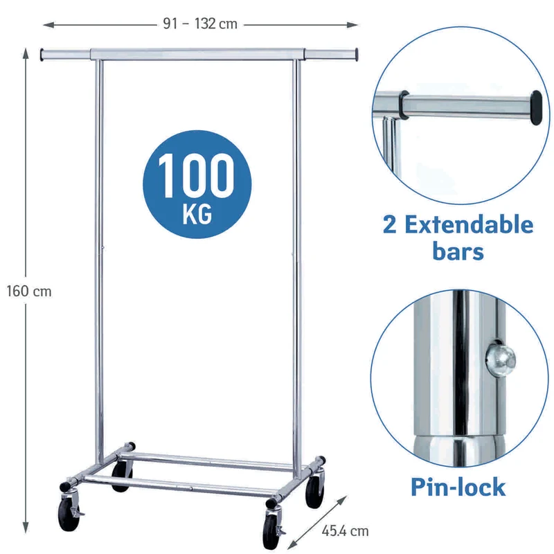 Tatkraft Darren Kleiderständer Stabil auf Rollen, bis 100 kg, Klappbar, Montage in 1 Min, Kleiderstange 91–132×45,4×160cm, verchromter Stahl