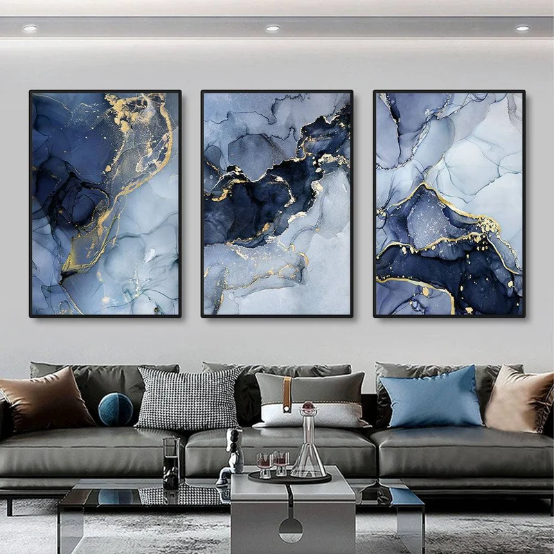 3 PCS Gold Blue Marble Canvas Print 40 x 60 cm (Frameless)