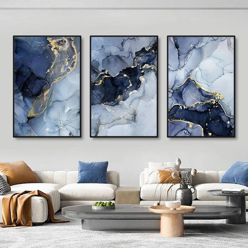 3 PCS Gold Blue Marble Canvas Print 40 x 60 cm (Frameless)
