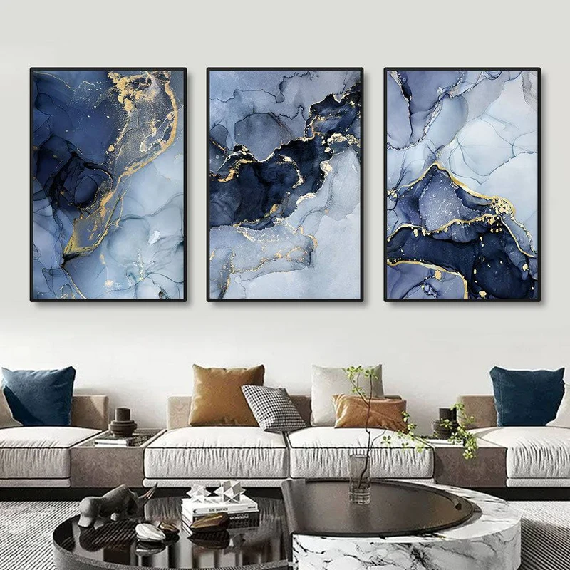 3 PCS Gold Blue Marble Canvas Print 40 x 60 cm (Frameless)