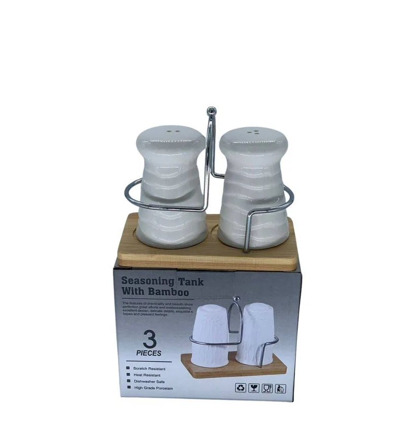 Porcelain Salt and Pepper Shaker With Bamboo Base