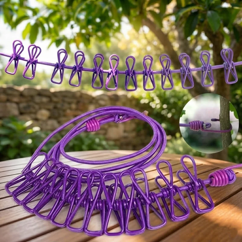 Windproof Non-Slip Elastic Multi-Clip Travel Clothesline