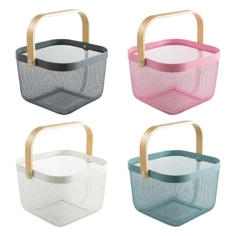 Storage Metal Basket with Wooden Handle