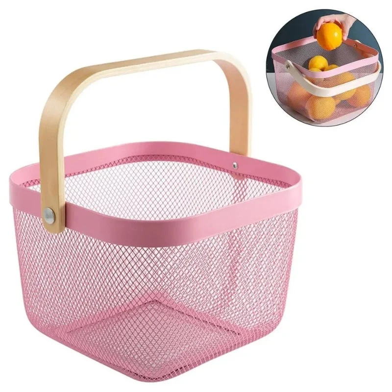 Storage Metal Basket with Wooden Handle