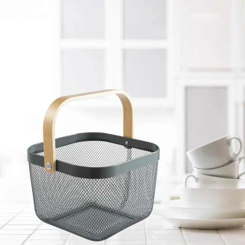 Storage Metal Basket with Wooden Handle