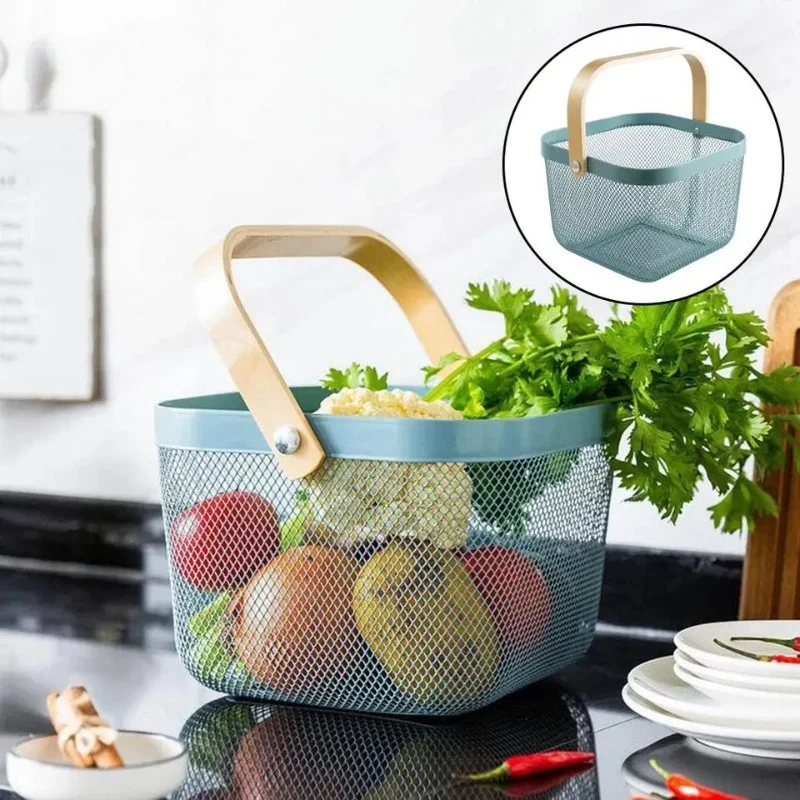 Storage Metal Basket with Wooden Handle