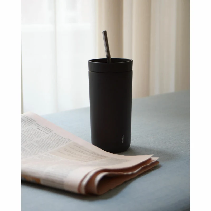 Stelton Thermobecher To Go Sip mit Strohhalm, Stahl, Kunststoff, Soft Black, 400 ml, 686-51