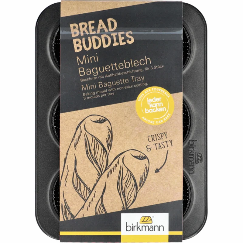 Birkmann Bread Buddies Mini-Baguetteblech, Baguette Backblech, Brotbackform, Karbonstahl, 25.5 x 18.5 cm, 331037