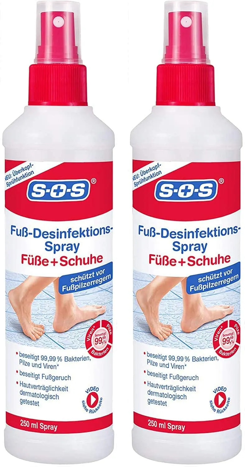 SOS Fuß-Desinfektions-Spray | Als Fuß Spray: Schützt vor Fußpilz | Als Schuhspray: beseitigt Schweiß & Fußgeruch 2x250ml Fußdesinfektionsspray