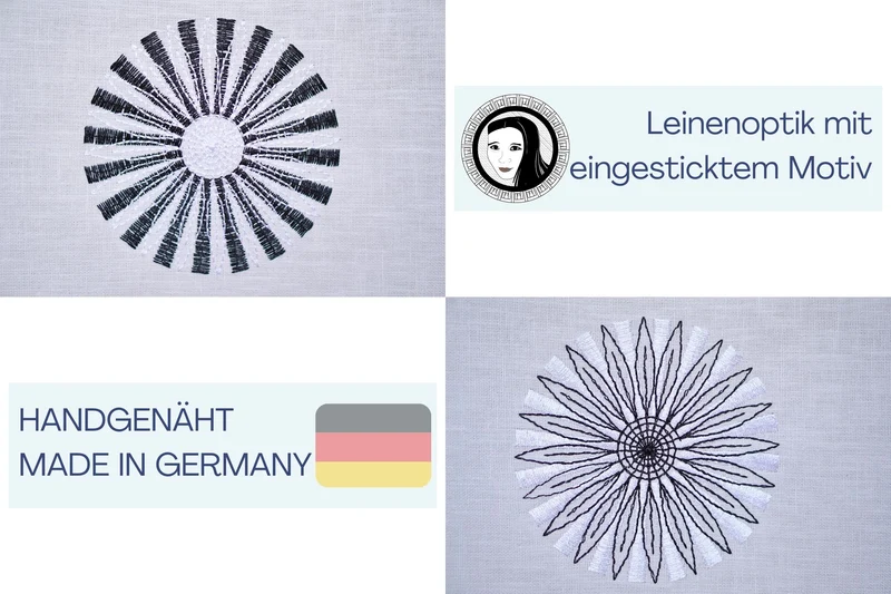 Weiße Tischdecke mit bestickten Kreismotiven in Leinenoptik