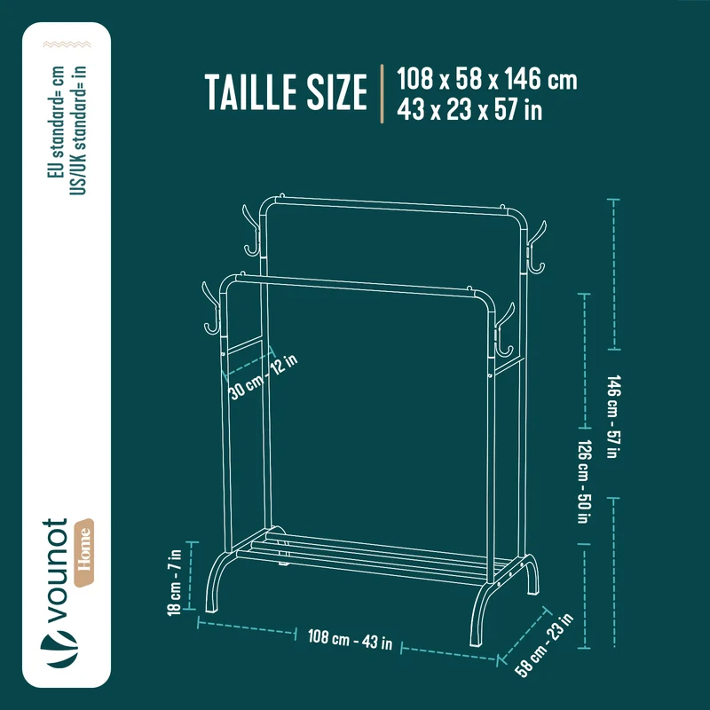 Metall Doppelt Kleiderständer mit Schuhregal und 4 Haken 108x58x146cm Weiß