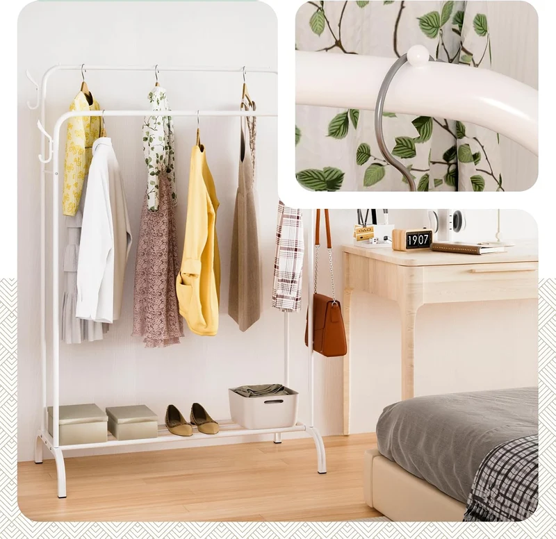 Metall Doppelt Kleiderständer mit Schuhregal und 4 Haken 108x58x146cm Weiß