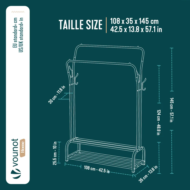 Metall Doppelt Kleiderständer mit 2-lagigem Schuhregal & 4 Haken 108x35x145cm Schwarz
