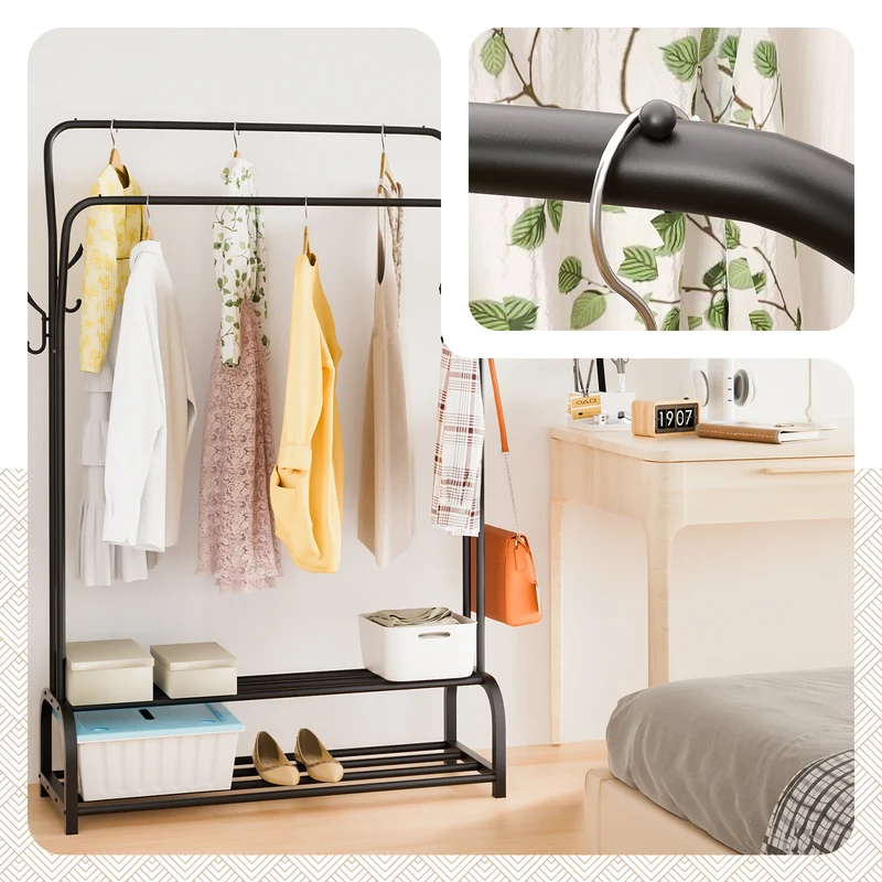 Metall Doppelt Kleiderständer mit 2-lagigem Schuhregal & 4 Haken 108x35x145cm Schwarz