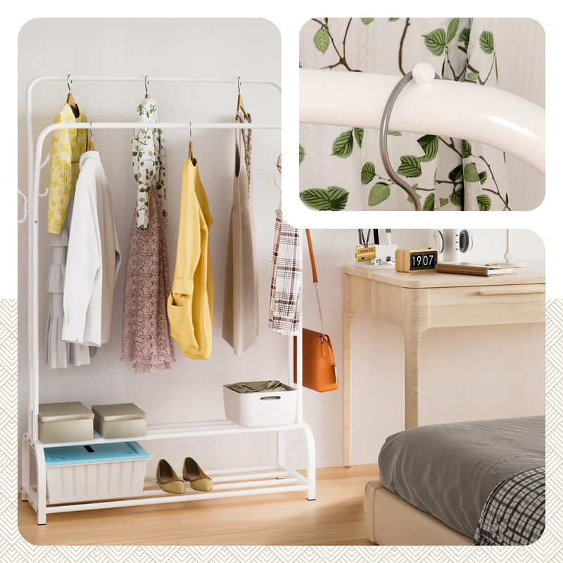 Metall Doppelt Kleiderständer mit 2-lagigem Schuhregal & 4 Haken 108x35x145cm Weiß