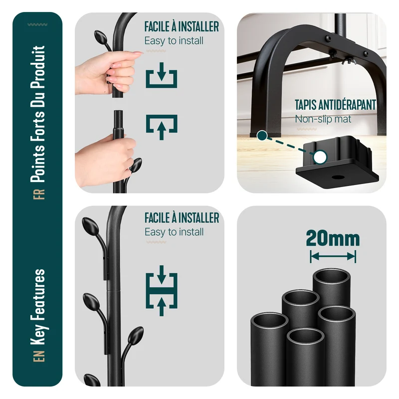 Metall Kleiderständer mit Schuhregal und 8 seitlichen Haken 110x41x147cm Schwarz