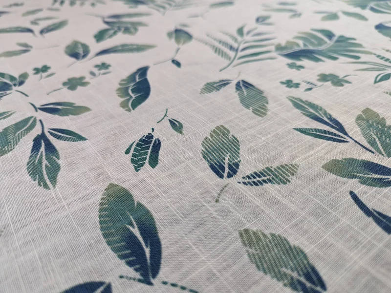 Leinentischdecke, Tischdecke mit grünen Blättern aus Leinenstoff