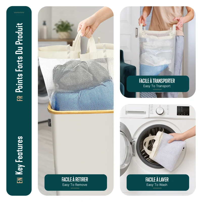 Wäschekorb mit Deckel & Wäschesäcke Faltbarer Wäschesammler, 145L Beige