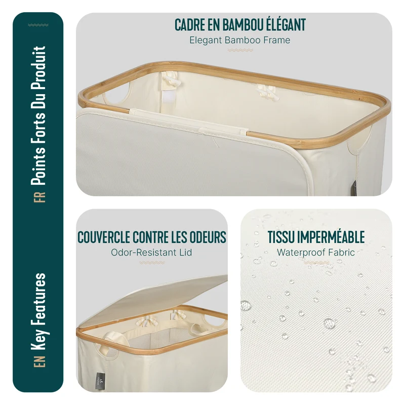 Wäschekorb mit Deckel & Wäschesäcke Faltbarer Wäschesammler, 145L Beige