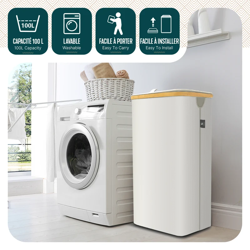 Wäschekorb mit Deckel & Wäschesäcke Faltbarer Wäschesammler, 100L Beige